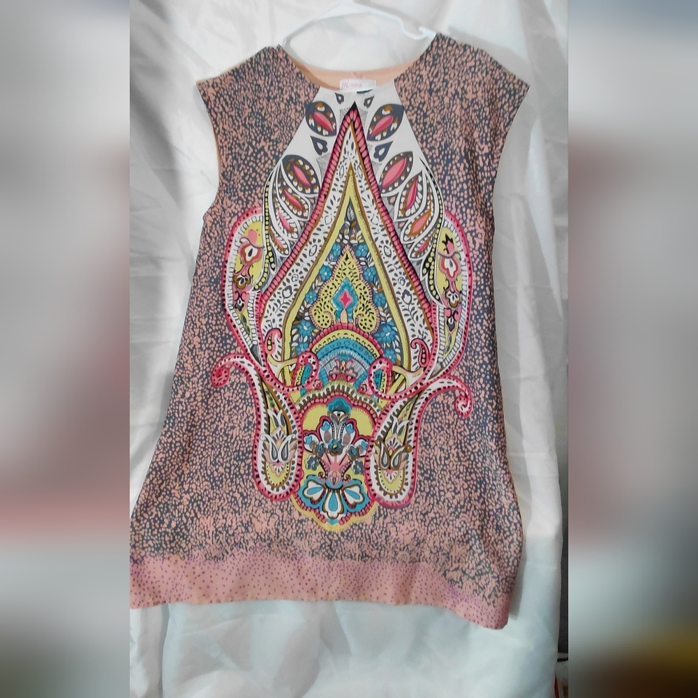 Sleeveless Pink Paisley-Print Midi Dress with Center Medallion